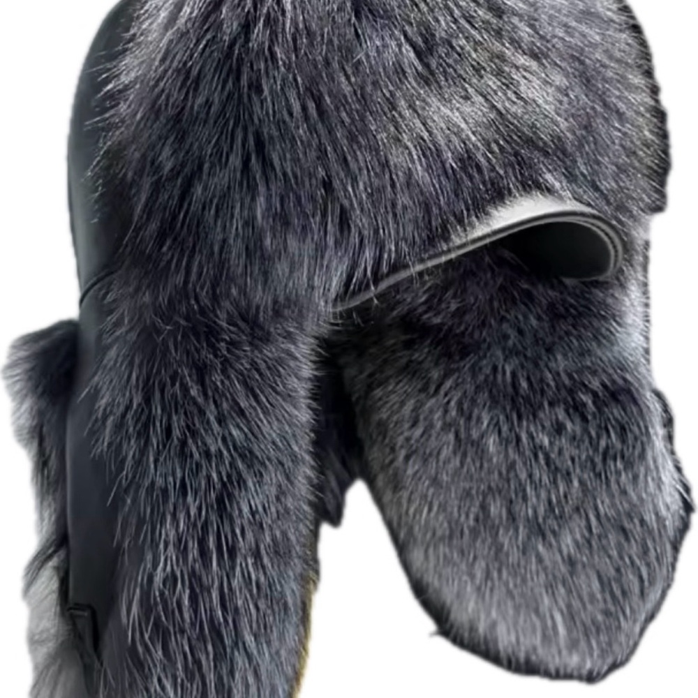 Silver fox and Black leather fur  Aviator Hat
